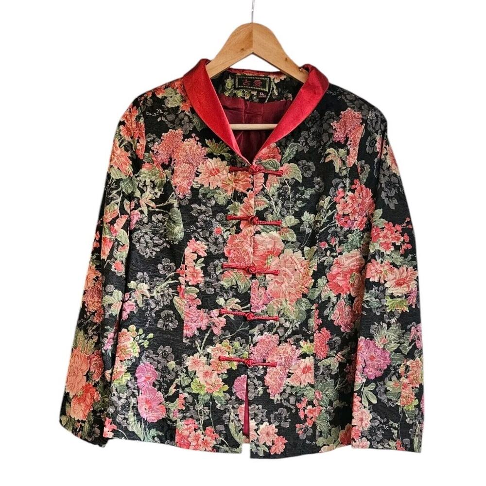 Asian Womens Size XL Blazer Pink Black Floral Frog Buttons Collar Oriental